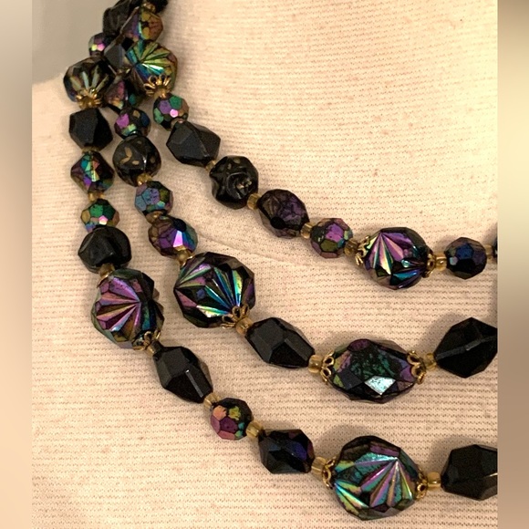 Vintage jet Black aurora borealis Necklace Earrings set west Germany 3 strands - Picture 7 of 15